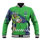 Personalised Canberra Raiders Rugby Baseball Jacket Viking Green Machine Mascot - Sporty Splash Art Style