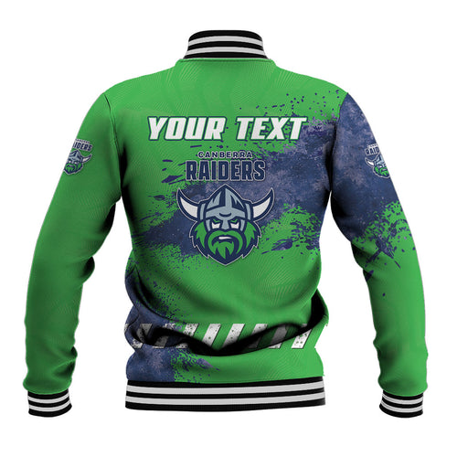 Personalised Canberra Raiders Rugby Baseball Jacket Viking Green Machine Mascot - Sporty Splash Art Style