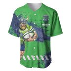 Personalised Canberra Raiders Rugby Baseball Jersey Viking Green Machine Mascot - Sporty Splash Art Style