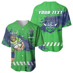 Personalised Canberra Raiders Rugby Baseball Jersey Viking Green Machine Mascot - Sporty Splash Art Style