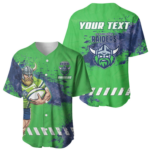Personalised Canberra Raiders Rugby Baseball Jersey Viking Green Machine Mascot - Sporty Splash Art Style