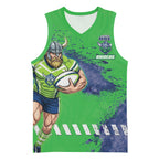 Personalised Canberra Raiders Rugby Basketball Jersey Viking Green Machine Mascot - Sporty Splash Art Style