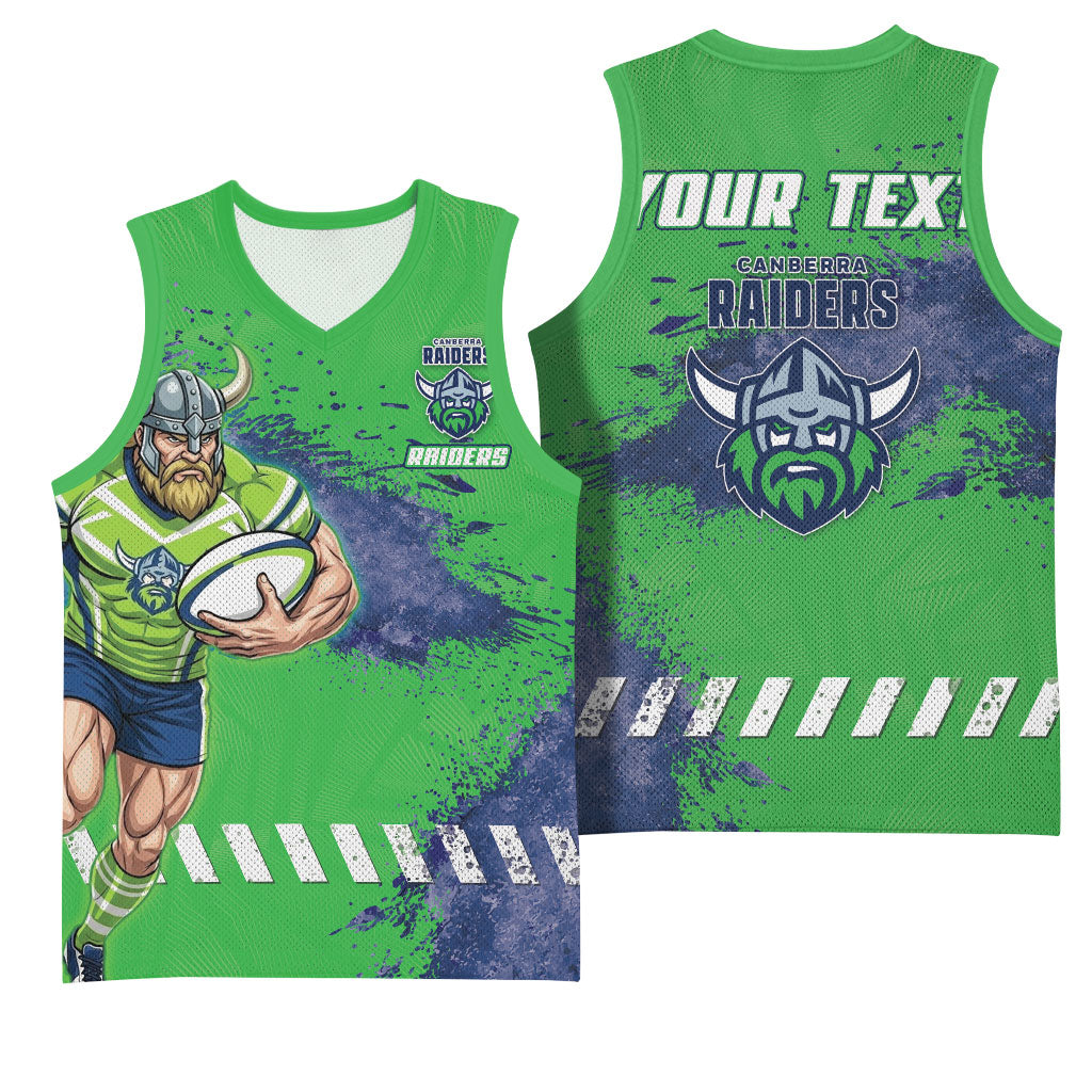 Personalised Canberra Raiders Rugby Basketball Jersey Viking Green Machine Mascot - Sporty Splash Art Style