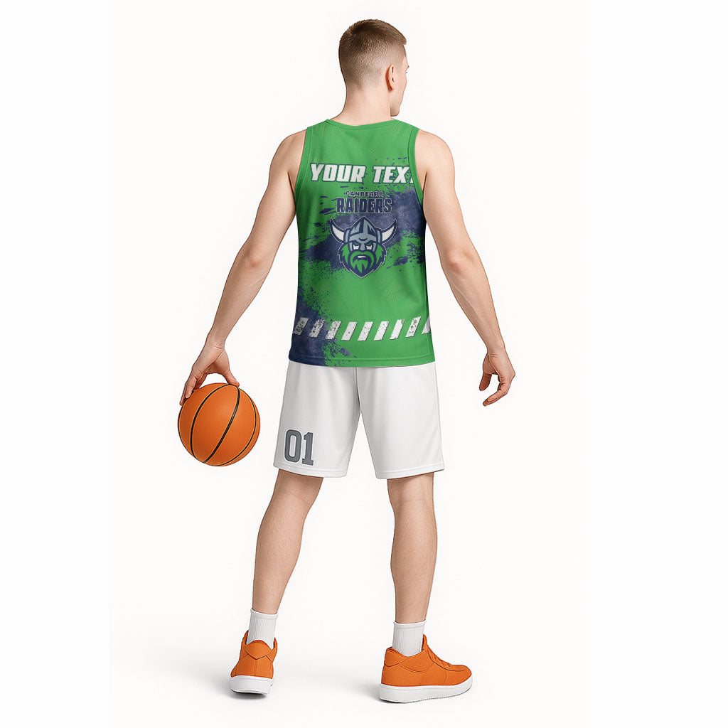 Personalised Canberra Raiders Rugby Basketball Jersey Viking Green Machine Mascot - Sporty Splash Art Style