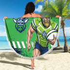 Personalised Canberra Raiders Rugby Beach Blanket Viking Green Machine Mascot - Sporty Splash Art Style