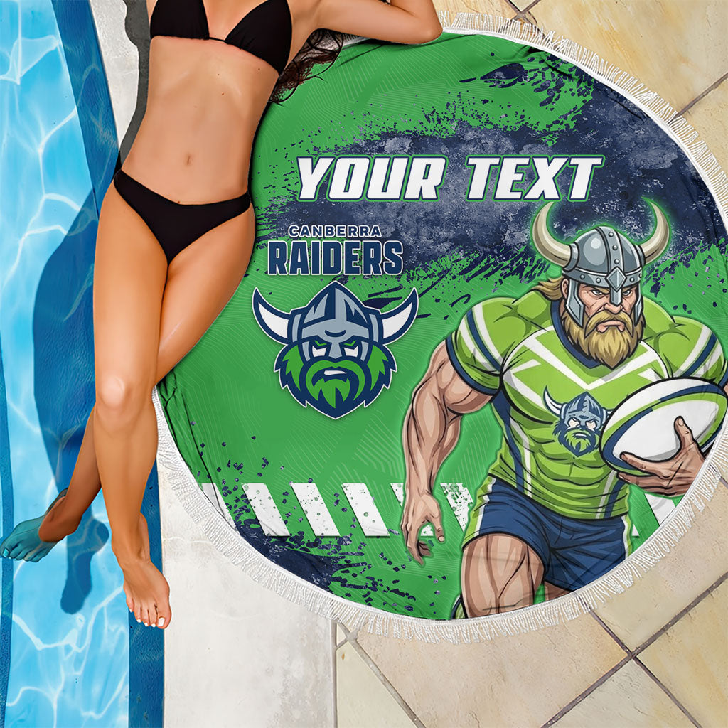 Personalised Canberra Raiders Rugby Beach Blanket Viking Green Machine Mascot - Sporty Splash Art Style