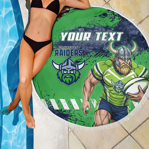Personalised Canberra Raiders Rugby Beach Blanket Viking Green Machine Mascot - Sporty Splash Art Style