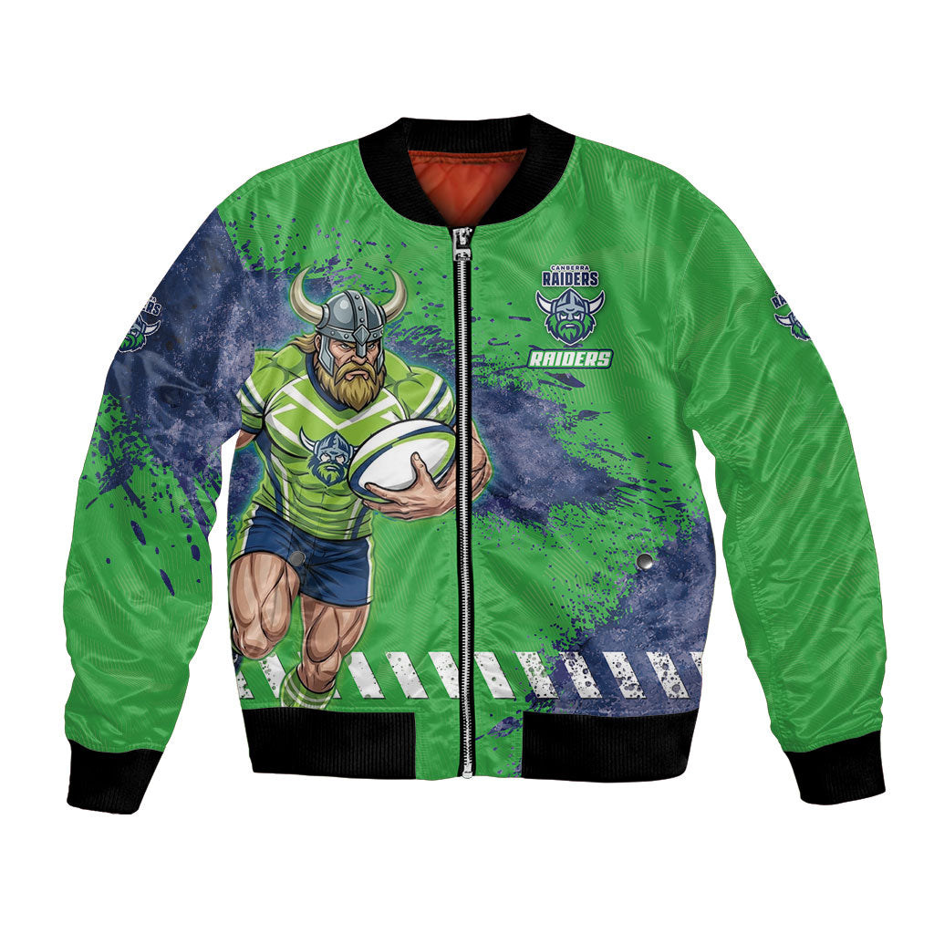 Personalised Canberra Raiders Rugby Bomber Jacket Viking Green Machine Mascot - Sporty Splash Art Style