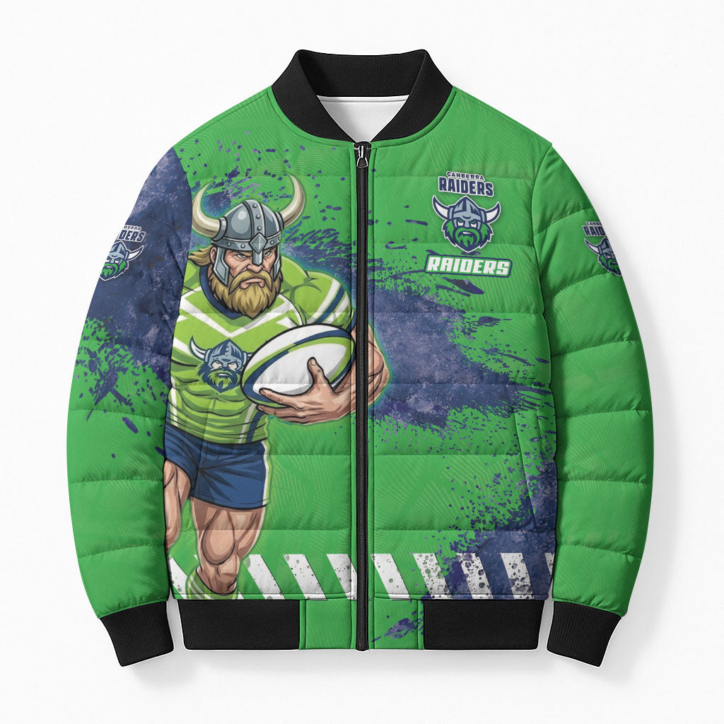 Personalised Canberra Raiders Rugby Bomber Puffer Jacket Viking Green Machine Mascot - Sporty Splash Art Style