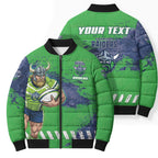 Personalised Canberra Raiders Rugby Bomber Puffer Jacket Viking Green Machine Mascot - Sporty Splash Art Style
