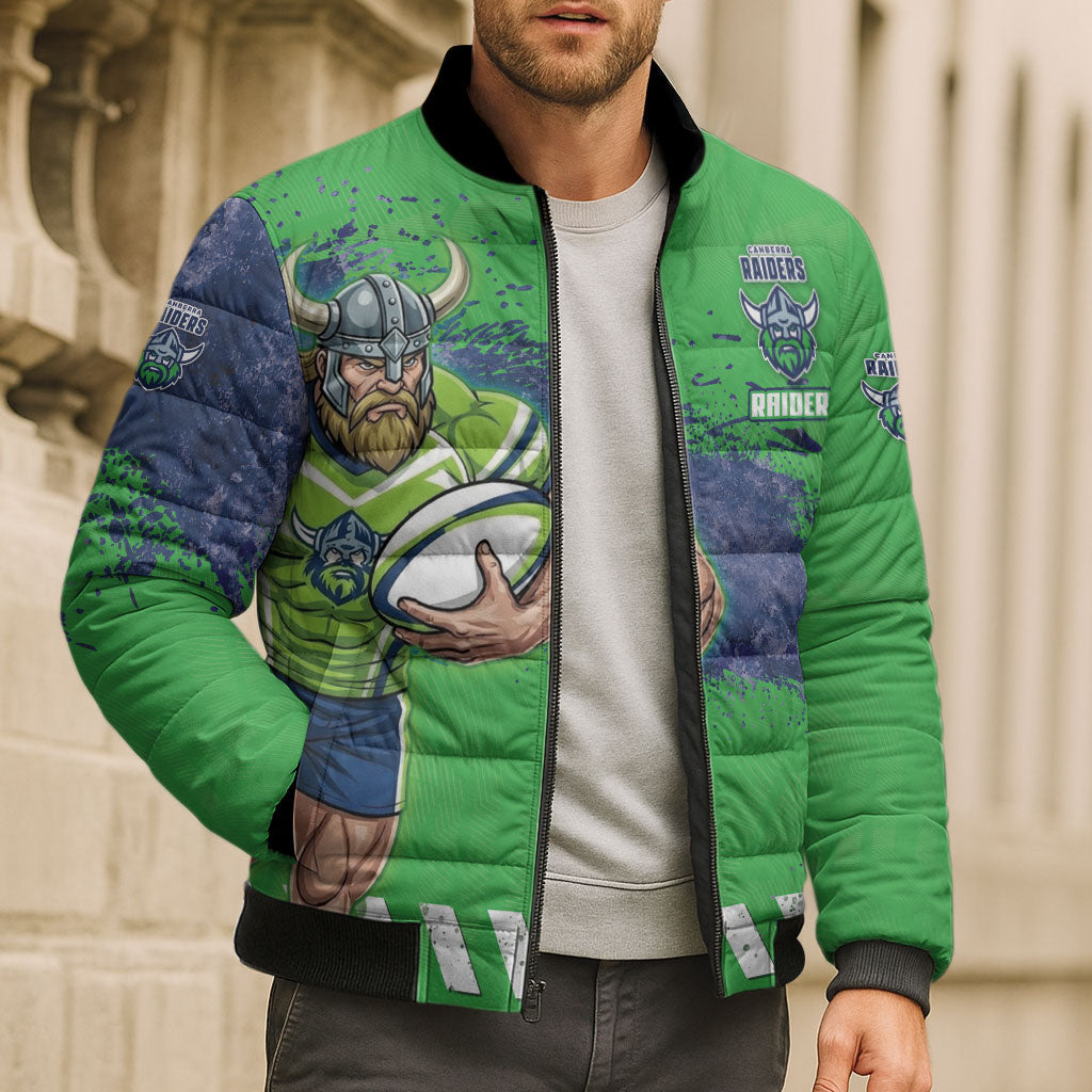 Personalised Canberra Raiders Rugby Bomber Puffer Jacket Viking Green Machine Mascot - Sporty Splash Art Style