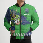 Personalised Canberra Raiders Rugby Bomber Puffer Jacket Viking Green Machine Mascot - Sporty Splash Art Style