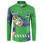 Personalised Canberra Raiders Rugby Button Sweatshirt Viking Green Machine Mascot - Sporty Splash Art Style