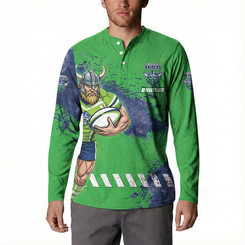Personalised Canberra Raiders Rugby Button Sweatshirt Viking Green Machine Mascot - Sporty Splash Art Style