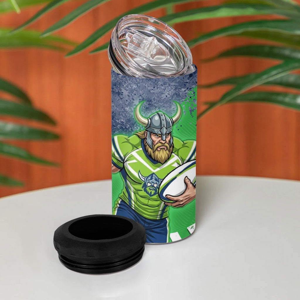 Personalised Canberra Raiders Rugby 4 in 1 Can Cooler Tumbler Viking Green Machine Mascot - Sporty Splash Art Style
