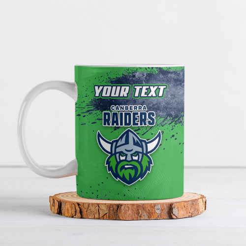 Personalised Canberra Raiders Rugby Ceramic Mug Viking Green Machine Mascot - Sporty Splash Art Style