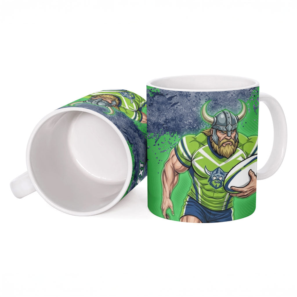 Personalised Canberra Raiders Rugby Ceramic Mug Viking Green Machine Mascot - Sporty Splash Art Style