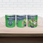 Personalised Canberra Raiders Rugby Ceramic Mug Viking Green Machine Mascot - Sporty Splash Art Style