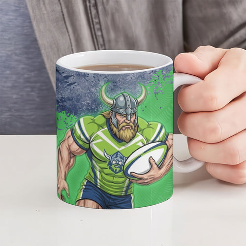 Personalised Canberra Raiders Rugby Ceramic Mug Viking Green Machine Mascot - Sporty Splash Art Style