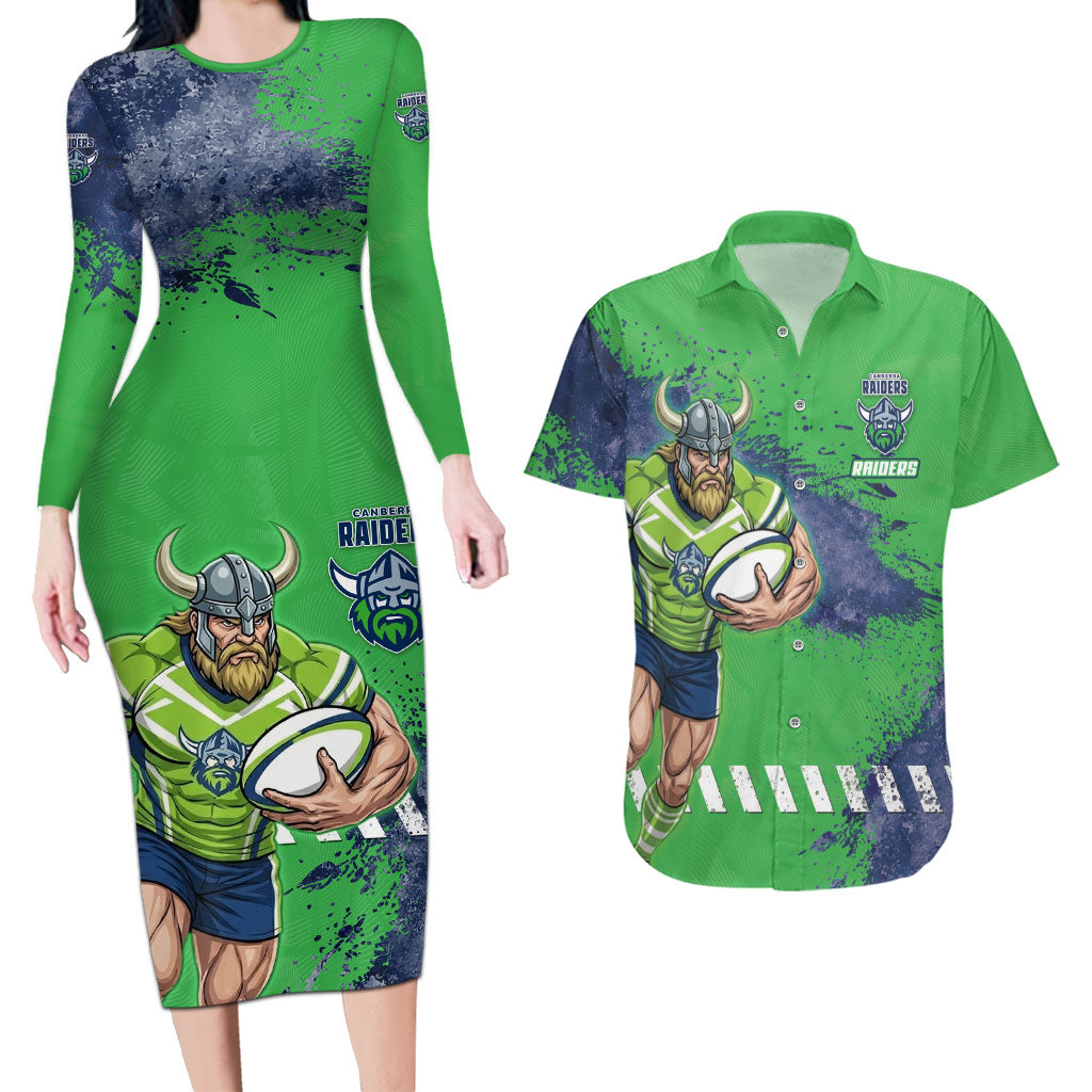 Personalised Canberra Raiders Rugby Couples Matching Long Sleeve Bodycon Dress and Hawaiian Shirt Viking Green Machine Mascot - Sporty Splash Art Style