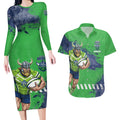 Personalised Canberra Raiders Rugby Couples Matching Long Sleeve Bodycon Dress and Hawaiian Shirt Viking Green Machine Mascot - Sporty Splash Art Style