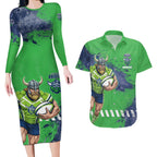 Personalised Canberra Raiders Rugby Couples Matching Long Sleeve Bodycon Dress and Hawaiian Shirt Viking Green Machine Mascot - Sporty Splash Art Style