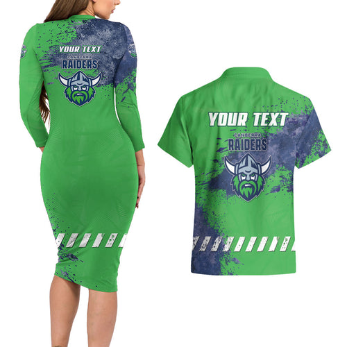 Personalised Canberra Raiders Rugby Couples Matching Long Sleeve Bodycon Dress and Hawaiian Shirt Viking Green Machine Mascot - Sporty Splash Art Style