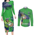 Personalised Canberra Raiders Rugby Couples Matching Long Sleeve Bodycon Dress and Long Sleeve Button Shirt Viking Green Machine Mascot - Sporty Splash Art Style