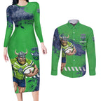 Personalised Canberra Raiders Rugby Couples Matching Long Sleeve Bodycon Dress and Long Sleeve Button Shirt Viking Green Machine Mascot - Sporty Splash Art Style