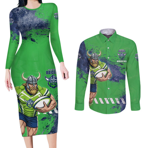 Personalised Canberra Raiders Rugby Couples Matching Long Sleeve Bodycon Dress and Long Sleeve Button Shirt Viking Green Machine Mascot - Sporty Splash Art Style