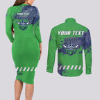Personalised Canberra Raiders Rugby Couples Matching Long Sleeve Bodycon Dress and Long Sleeve Button Shirt Viking Green Machine Mascot - Sporty Splash Art Style