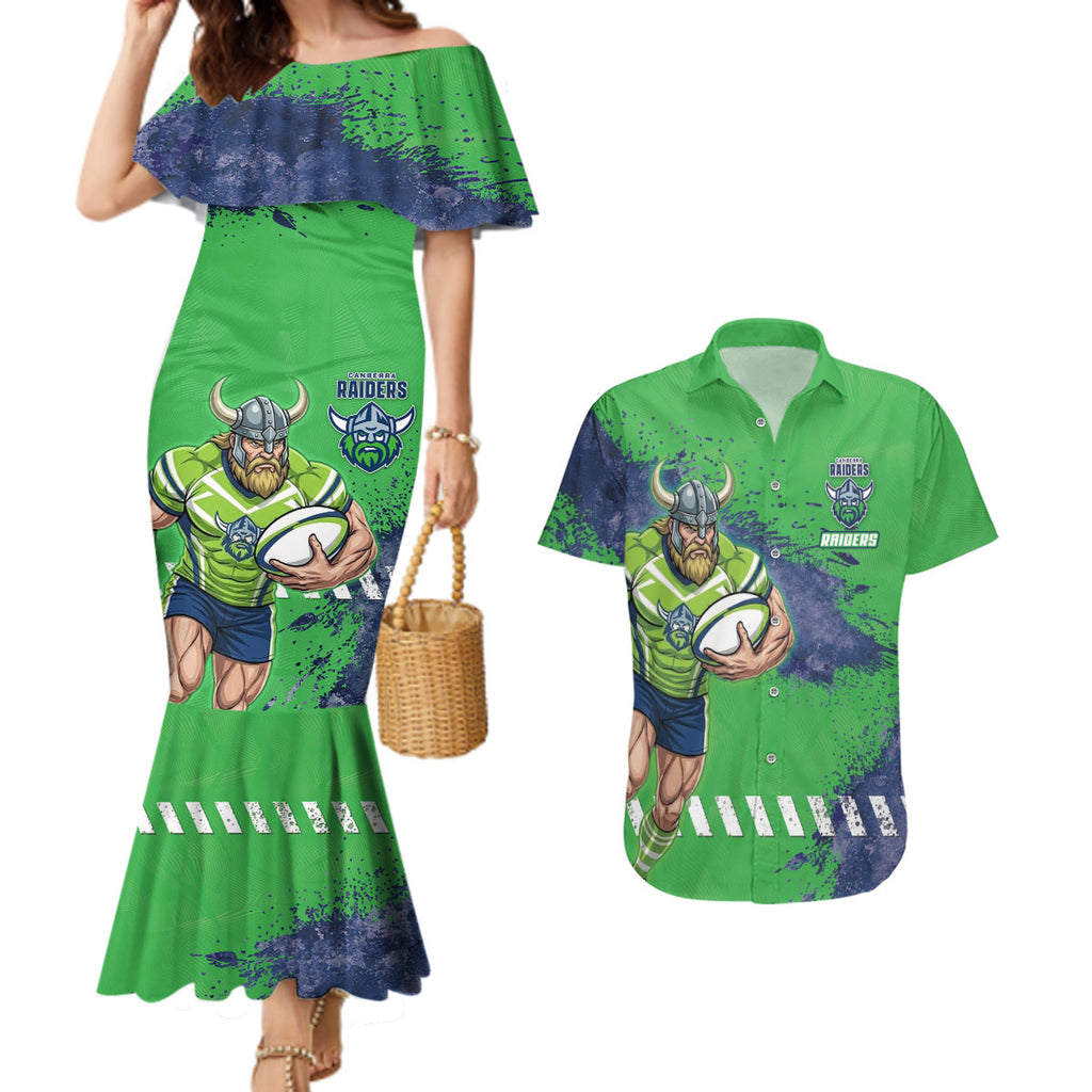 Personalised Canberra Raiders Rugby Couples Matching Mermaid Dress and Hawaiian Shirt Viking Green Machine Mascot - Sporty Splash Art Style