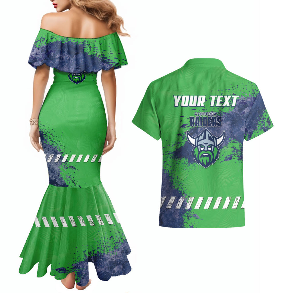 Personalised Canberra Raiders Rugby Couples Matching Mermaid Dress and Hawaiian Shirt Viking Green Machine Mascot - Sporty Splash Art Style