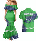 Personalised Canberra Raiders Rugby Couples Matching Mermaid Dress and Hawaiian Shirt Viking Green Machine Mascot - Sporty Splash Art Style