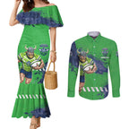 Personalised Canberra Raiders Rugby Couples Matching Mermaid Dress and Long Sleeve Button Shirt Viking Green Machine Mascot - Sporty Splash Art Style