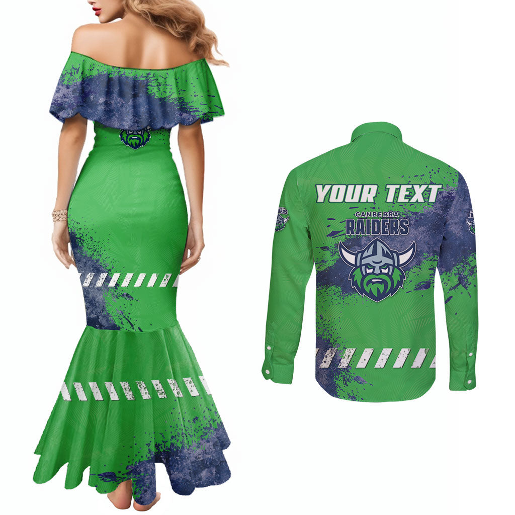 Personalised Canberra Raiders Rugby Couples Matching Mermaid Dress and Long Sleeve Button Shirt Viking Green Machine Mascot - Sporty Splash Art Style