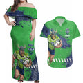 Personalised Canberra Raiders Rugby Couples Matching Off Shoulder Maxi Dress and Hawaiian Shirt Viking Green Machine Mascot - Sporty Splash Art Style