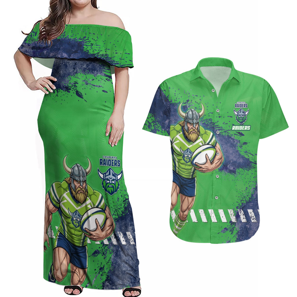 Personalised Canberra Raiders Rugby Couples Matching Off Shoulder Maxi Dress and Hawaiian Shirt Viking Green Machine Mascot - Sporty Splash Art Style