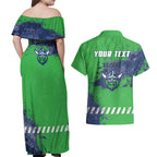 Personalised Canberra Raiders Rugby Couples Matching Off Shoulder Maxi Dress and Hawaiian Shirt Viking Green Machine Mascot - Sporty Splash Art Style