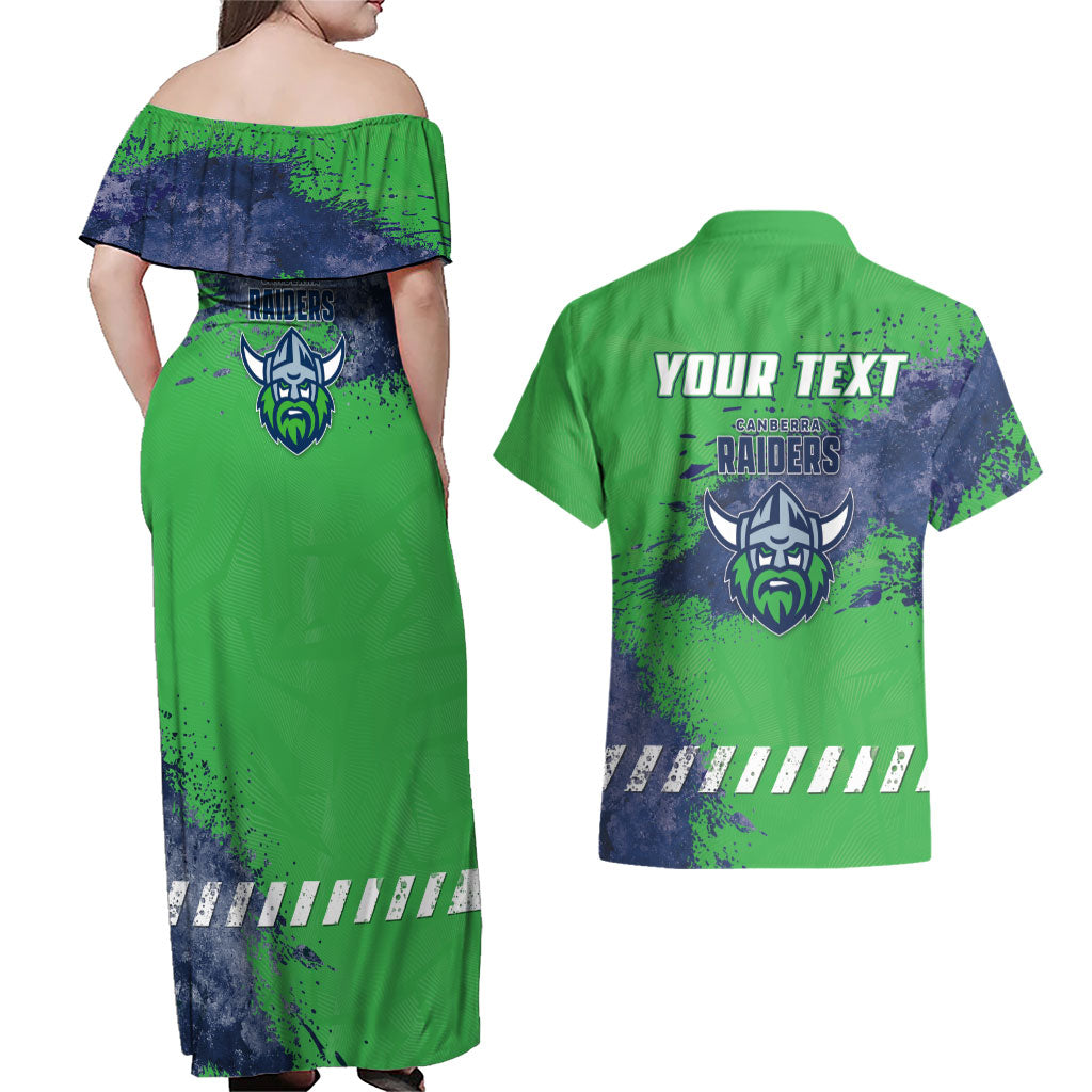 Personalised Canberra Raiders Rugby Couples Matching Off Shoulder Maxi Dress and Hawaiian Shirt Viking Green Machine Mascot - Sporty Splash Art Style