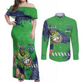 Personalised Canberra Raiders Rugby Couples Matching Off Shoulder Maxi Dress and Long Sleeve Button Shirt Viking Green Machine Mascot - Sporty Splash Art Style