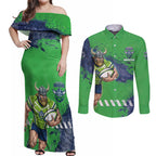 Personalised Canberra Raiders Rugby Couples Matching Off Shoulder Maxi Dress and Long Sleeve Button Shirt Viking Green Machine Mascot - Sporty Splash Art Style