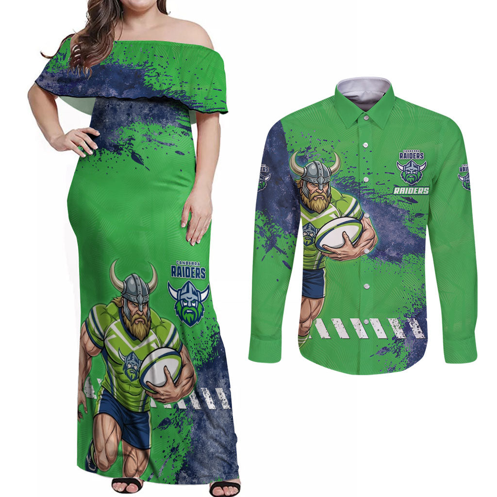 Personalised Canberra Raiders Rugby Couples Matching Off Shoulder Maxi Dress and Long Sleeve Button Shirt Viking Green Machine Mascot - Sporty Splash Art Style