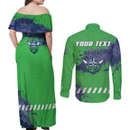 Personalised Canberra Raiders Rugby Couples Matching Off Shoulder Maxi Dress and Long Sleeve Button Shirt Viking Green Machine Mascot - Sporty Splash Art Style