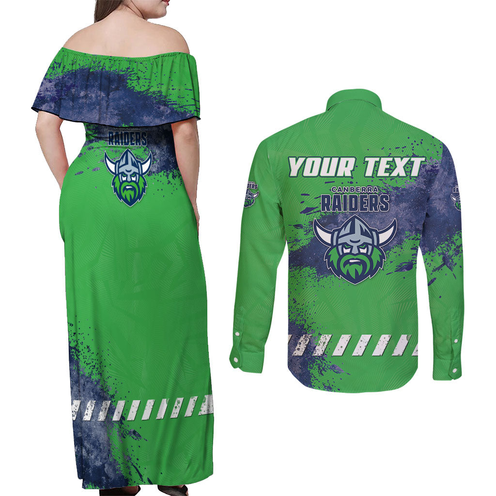 Personalised Canberra Raiders Rugby Couples Matching Off Shoulder Maxi Dress and Long Sleeve Button Shirt Viking Green Machine Mascot - Sporty Splash Art Style