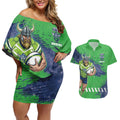 Personalised Canberra Raiders Rugby Couples Matching Off Shoulder Short Dress and Hawaiian Shirt Viking Green Machine Mascot - Sporty Splash Art Style