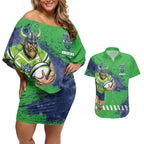 Personalised Canberra Raiders Rugby Couples Matching Off Shoulder Short Dress and Hawaiian Shirt Viking Green Machine Mascot - Sporty Splash Art Style