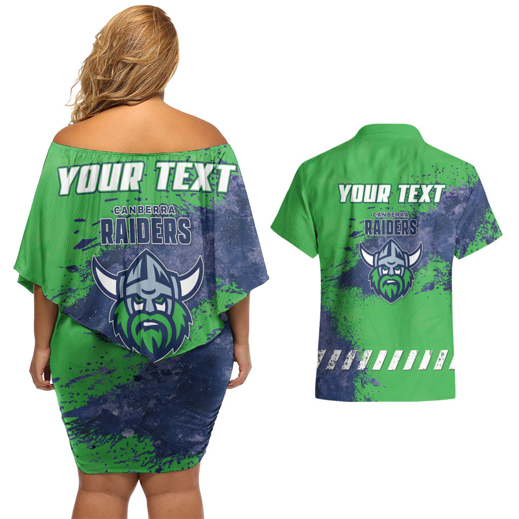 Personalised Canberra Raiders Rugby Couples Matching Off Shoulder Short Dress and Hawaiian Shirt Viking Green Machine Mascot - Sporty Splash Art Style