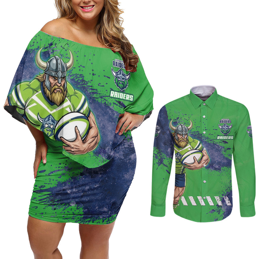 Personalised Canberra Raiders Rugby Couples Matching Off Shoulder Short Dress and Long Sleeve Button Shirt Viking Green Machine Mascot - Sporty Splash Art Style