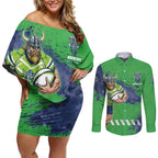 Personalised Canberra Raiders Rugby Couples Matching Off Shoulder Short Dress and Long Sleeve Button Shirt Viking Green Machine Mascot - Sporty Splash Art Style
